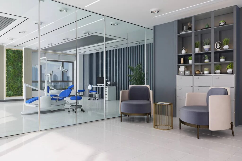 Contemporary dental clinic waiting room with soothing gray tones and clean design by an interior painter in Dublin, OH, for wellness-focused interiors