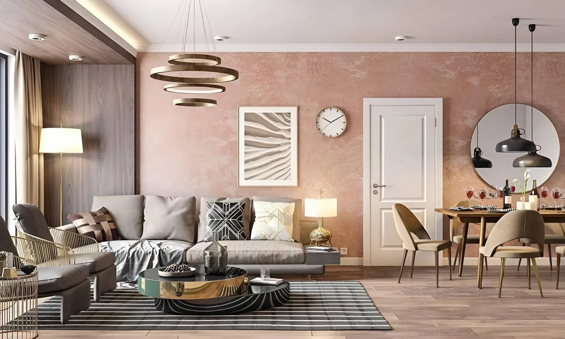 Soft terracotta wall paint and wood trims with neutral finishes by an interior painter in Hilliard, OH