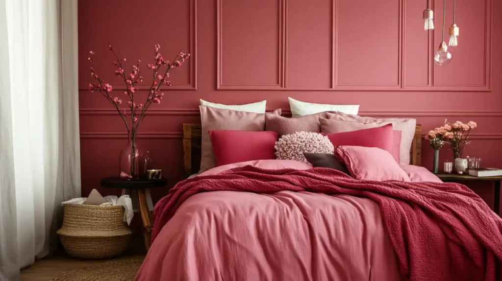 Deep rose bedroom wall paint with smooth matte finish by an interior painter in Lewis Center, OH.