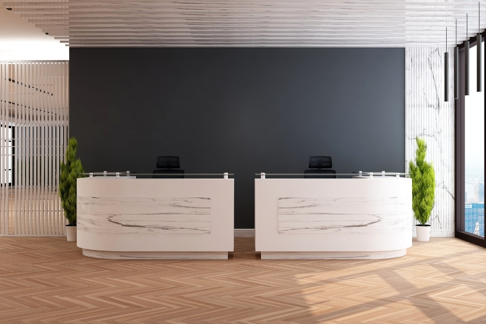 Reception area with a dark charcoal accent wall and a smooth, professional paint finish by a painting company in Hilliard, OH