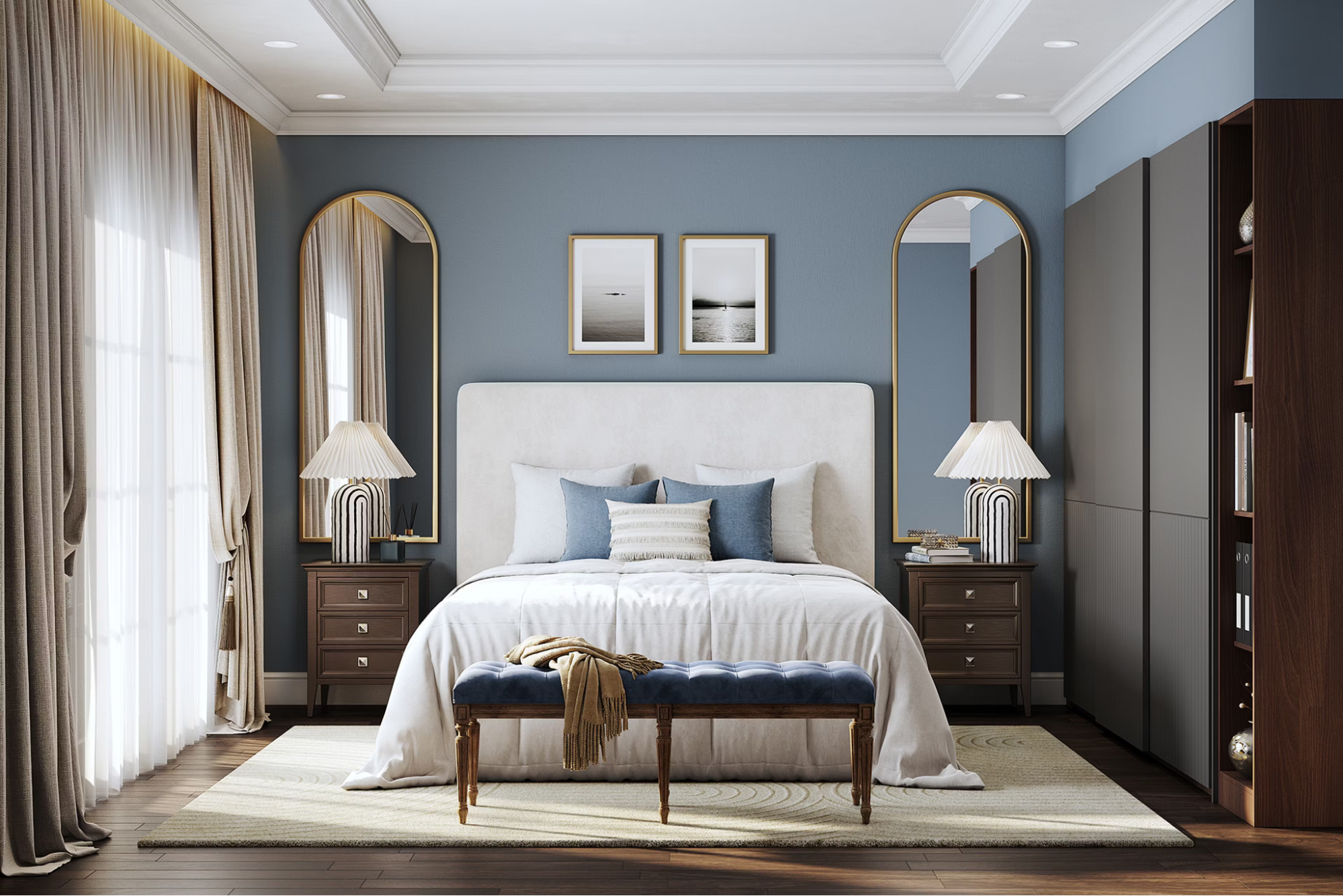 Soft blue bedroom wall paint with clean white trim and smooth finish by an interior painter in Lewis Center, OH.